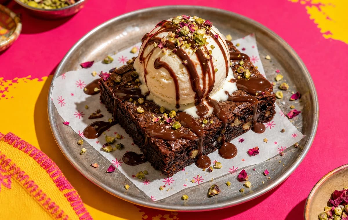 Warm brownie with vanilla ice cream, chocolate drizzle and pistachio on a bright pink and saffron table