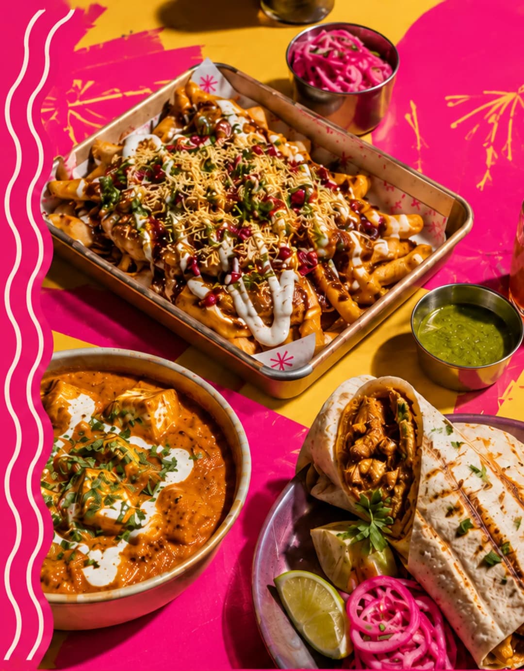 Indian street food with chaat fries, paneer curry, wraps, chutney, lime and pickled onions